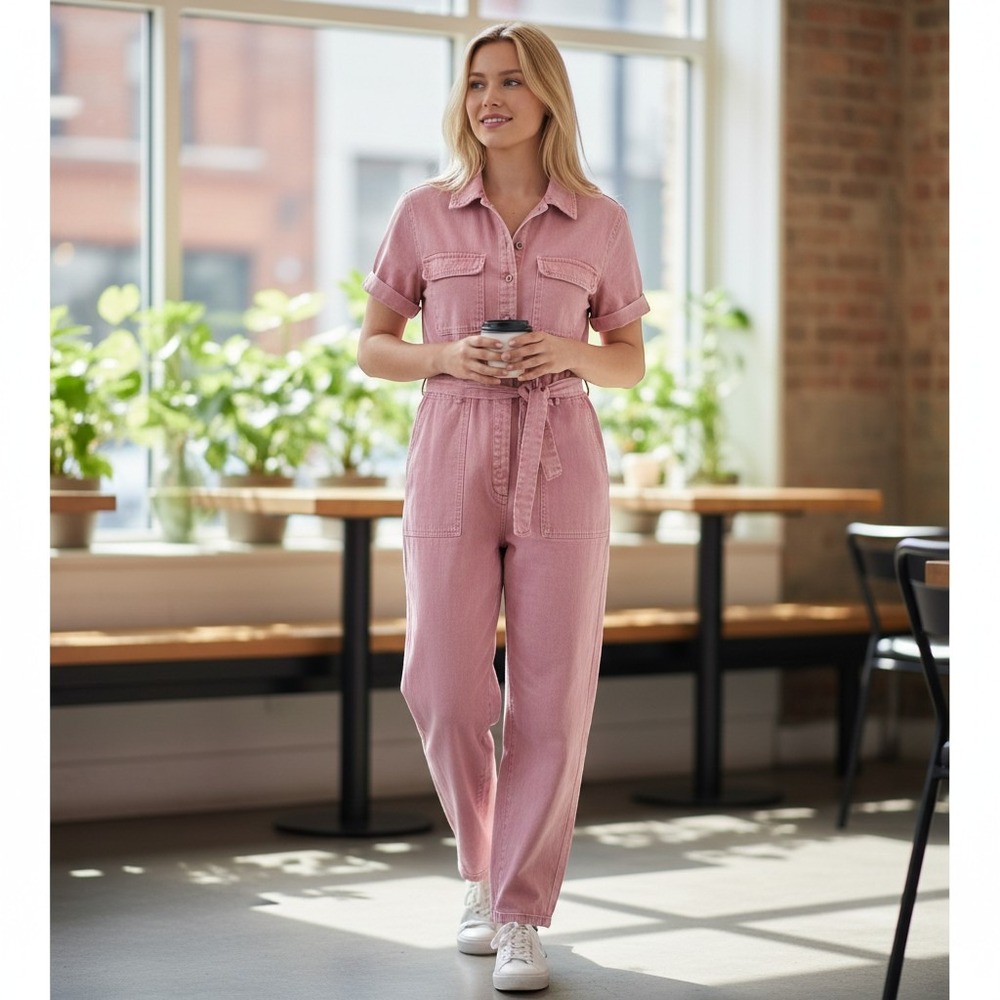 Skies Are Blue Pink Denim Utility Jumpsuit SS Tie Waist L Soft Girl Barbiecore